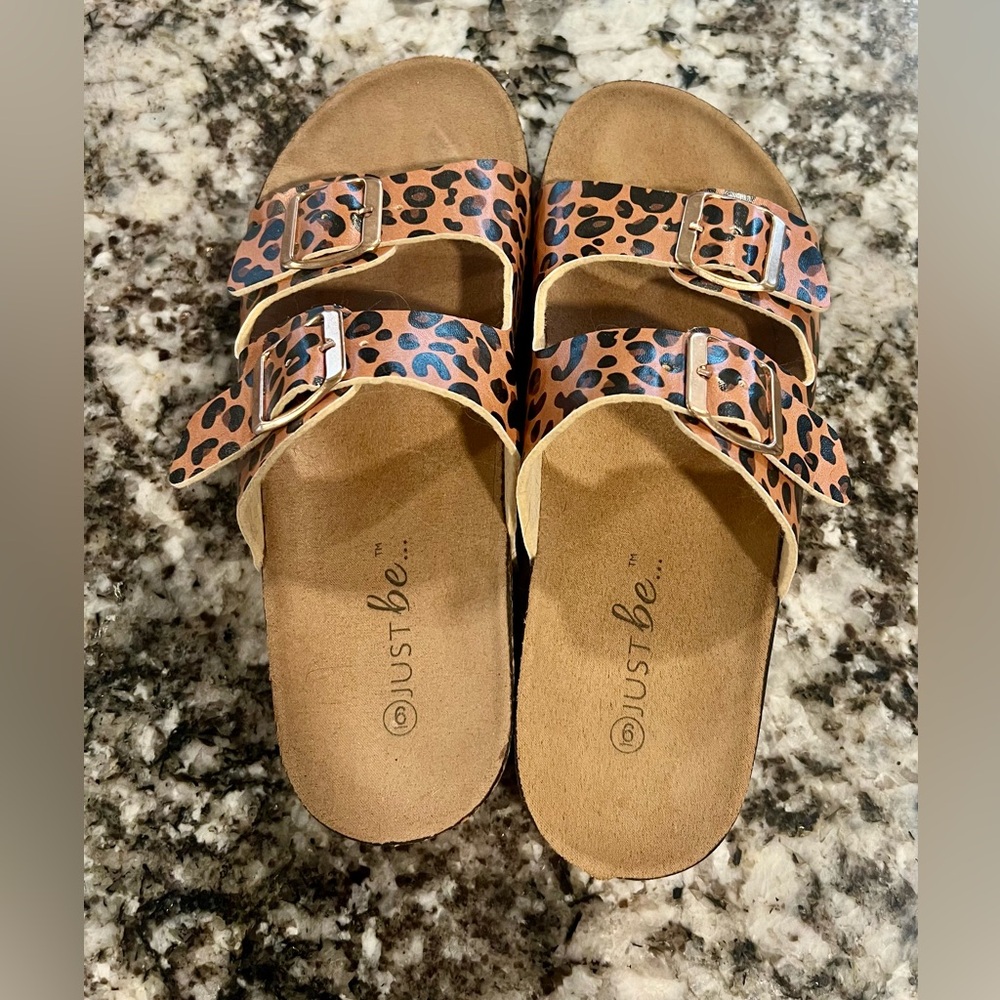 Leopard Print slip on Sandals. Sz 6. Comfortable with double buckles. NWOT